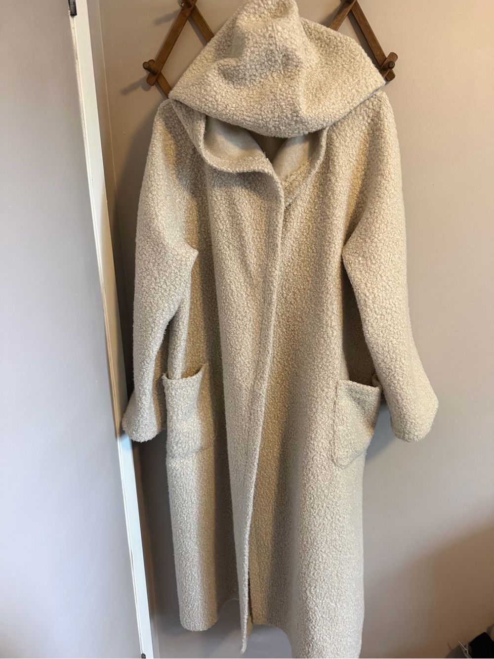 Vintage Teddy Bear Duster Coat Hooded Long Oatmeal OS/XL